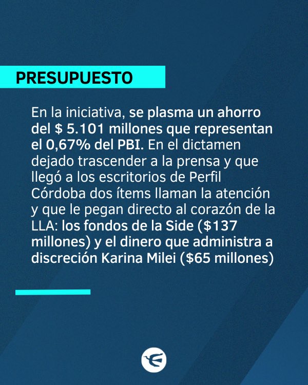 perfilcordoba's tweet photo. 🔴 Encuentro Federal tiene un Presupuesto alternativo y quiere eliminar los fondos de Santiago #Caputo y de Karina #Milei
• El bloque Encuentro Federal, integrado por Ignacio García #Aresca -un alfil del gobernador Martín #Llaryora-, Nicolás #Massot y Ricardo #LópezMurphy que tiene firma en la comisión del Presupuesto, presentó su propuesta para recortar gastos y poder darle el aumento a los jubilados, al financiamiento universitario y a las Cajas provinciales.
• En la iniciativa, se plasma un ahorro del $ 5.101 millones que representan el 0,67% del PBI. En el dictamen dejado trascender a la prensa y que llegó a los escritorios de Perfil Córdoba dos ítems llaman la atención y que le pegan directo al corazón de la #LLA: los fondos de la Side y el dinero que administra a discreción Karina Milei. El texto fue trabajado por todo el bloque, pero los economistas Nicolás Massot y Ricardo López Murphy lideraron la redacción. Quieren sentarse a discutirlo con el mismo ministro de Economía Luis Caputo.
• Para alcanzar el ahorro que les otorgaría a las arcas nacionales $4.318 millones para los jubilados, $650 millones para las universidades y hasta dejaría un remanente para compensar a las Cajas Provinciales de casi $134 millones, listaron una serie de recortes en donde se incluyen regímenes nacionales, IVA y sobrecargos del FMI que no se pagaran.
✍🏻 @juanbernaus
🔗 La nota completa: https://t.co/1zbCPMhCLr