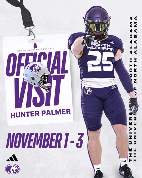 Hunter Palmer (@hunterpalmer25) on Twitter photo Thanks for the official visit from <a href="/BrentDearmon/">Brent Dearmon</a> <a href="/CoachCruce/">Morgan Cruce</a> <a href="/Ben_HamnerUNA/">Ben Hamner</a> <a href="/UNAFootball/">North Alabama Football</a> 🦁💜💜❗️ Thanks for the official visit from <a href="/BrentDearmon/">Brent Dearmon</a> <a href="/CoachCruce/">Morgan Cruce</a> <a href="/Ben_HamnerUNA/">Ben Hamner</a> <a href="/UNAFootball/">North Alabama Football</a> 🦁💜💜❗️
