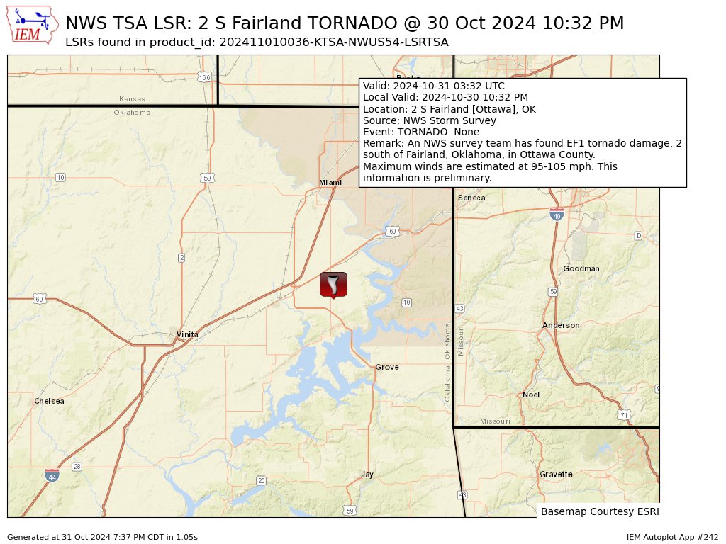 iembot_tsa's tweet image. [Delayed Report] On Oct 30, at 10:32 PM CDT, 2 S Fairland [Ottawa Co, OK] NWS Storm Survey reports Tornado. An NWS survey team has found EF1 tornado damage, 2 south of Fairland, Oklahoma, in Ottawa County. Maximum winds are estimated at 95-105... #okwx mesonet.agron.iastate.edu/lsr/#TSA/20241…
