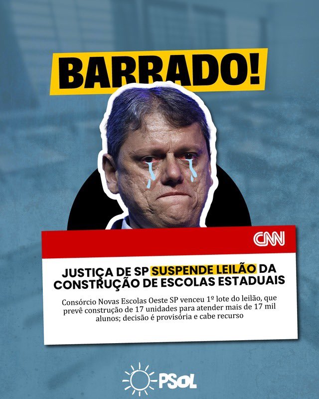 #Repost <a href="/psol50saopaulo/">Diretório Municipal do PSOL de São Paulo</a>
VITÓRIA DA EDUCAÇÃO!!!✨ Chora, Tarcísio! 📢 A Justiça de São Paulo ouviu a nossa voz e suspendeu, por agora, o leilão de Tarcísio para a privatização das escolas estaduais.