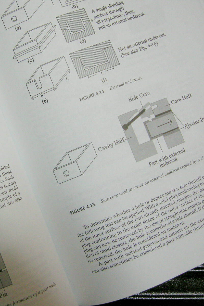 ryunadesign's tweet image. #20241101 #設計 #製造 #DesignForManufacturing 
　2007年に米国で購入した Design for Manufacturing という本の一部です。（左側）ついやりがちな組み立てやすさを無視した設計。（右側）サイドコアの説明。金型の方向が日本と左右逆なんですね。