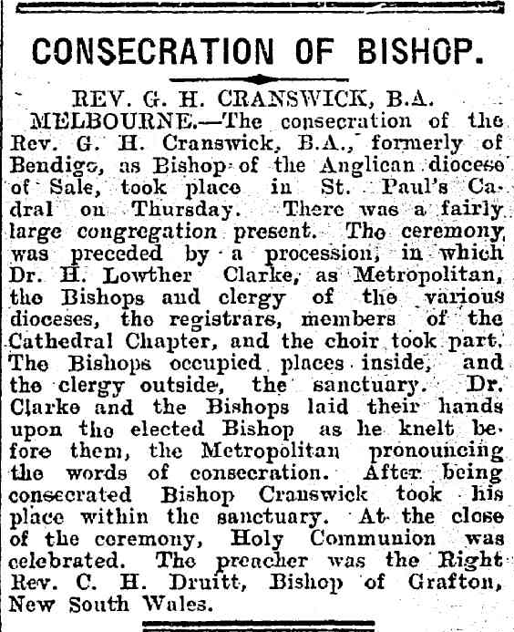 AustAnglican's tweet image. 1 November 1917: consecration of the Rev. George Harvard Cranswick (1882-1954), Rector of St Paul's Bendigo, @StPaulsCathMelb, to succeed A W Pain as second Bishop of Gippsland. #anglican @gippsanglican #107years No.66 in the Australian episcopate.