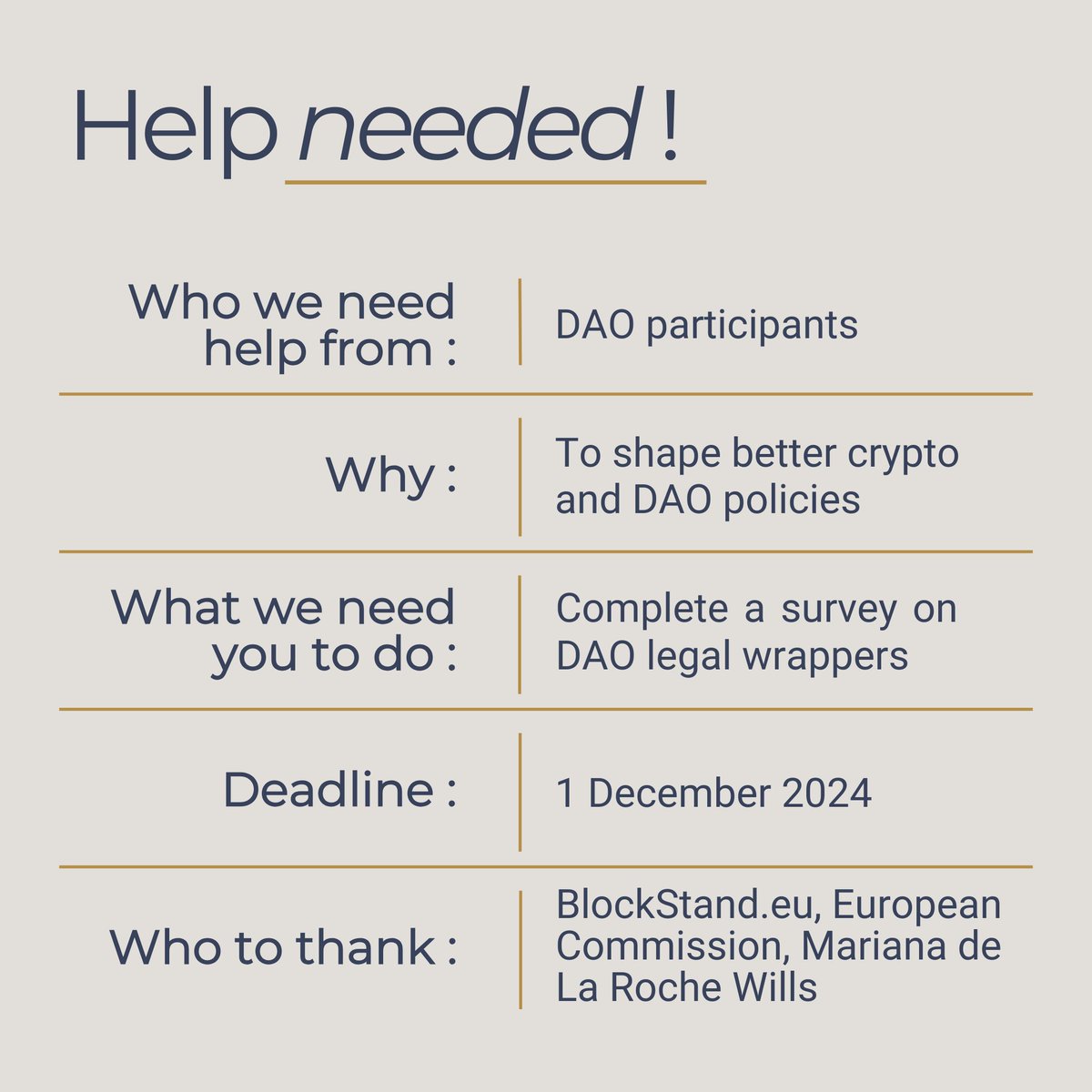 b'das*l (@bdasl_crypto) on Twitter photo Call for help from DAO participants!
Action required by 1 December 2024.
@Marianadlrw is running surveys as part of a research project on DAO legal frameworks for <a href="/BlockStandEU/">BlockStand.eu</a>, a European Commission initiative. Your participation will help shape a comprehensive Call for help from DAO participants!
Action required by 1 December 2024.
@Marianadlrw is running surveys as part of a research project on DAO legal frameworks for <a href="/BlockStandEU/">BlockStand.eu</a>, a European Commission initiative. Your participation will help shape a comprehensive