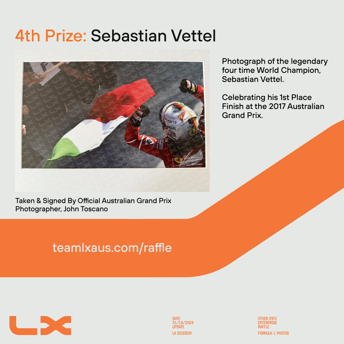 teamlxaus's tweet photo. 4th Prize: A photo of the legendary four time World Champion, Sebastian Vettel, celebrating his 1st Place Finish at the 2017 Australian Grand Prix! https://t.co/Iq6jPLHUsD