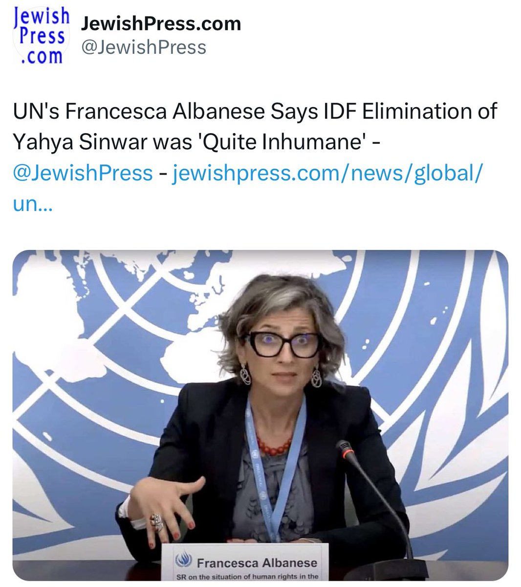 Francesca Albanese described the killing of Yahya Sinwar as “inhumane.” Albanese feels empathy not for the victims of October 7th, whose antisemitic nature she willfully denies, but for its murderous and monstrous mastermind.  

Newsflash to Albanese: 
Ending Sinwar’s reign of