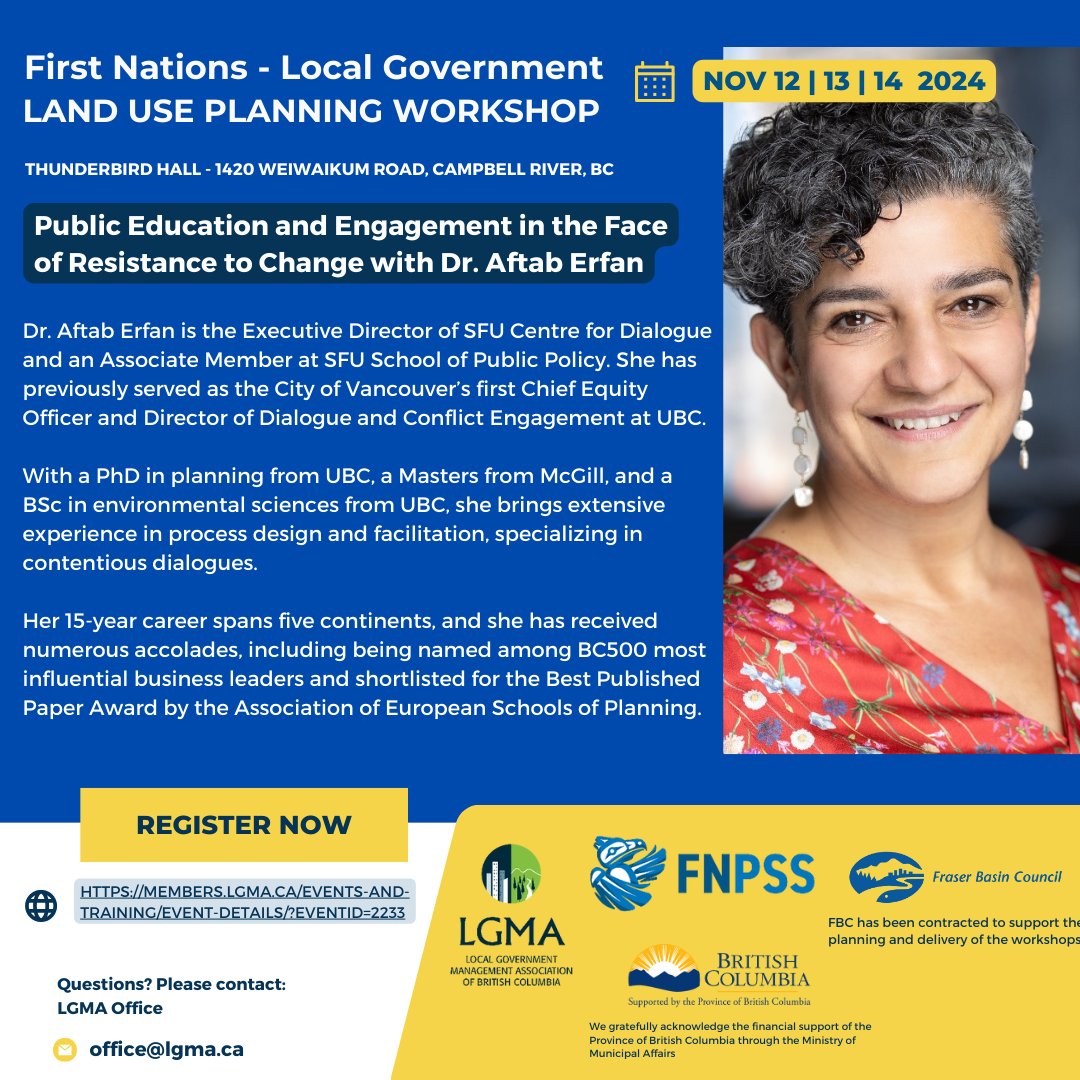 Join us for a 2.5-day workshop designed to enhance collaboration between local governments and First Nations! Dr. Aftab Erfan will lead 'Public Education and Engagement in the Face of Resistance to Change' ow.ly/jYiL50TVUWg 

#FirstNations #ProfessionalDevelopment