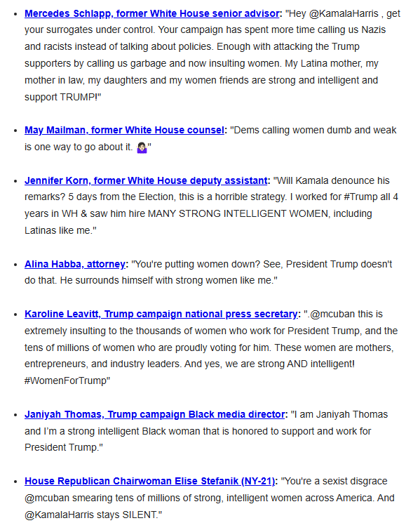 EricLDaugh's tweet image. JUST IN: Trump campaign is out with a list of 33 WOMEN firing back at Mark Cuban, who claimed no "strong, intelligent women" support Trump

Wow... Harris campaign really stepped in it this time.

🔥