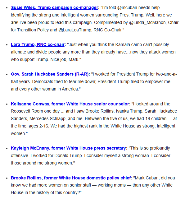 EricLDaugh's tweet image. JUST IN: Trump campaign is out with a list of 33 WOMEN firing back at Mark Cuban, who claimed no "strong, intelligent women" support Trump

Wow... Harris campaign really stepped in it this time.

🔥