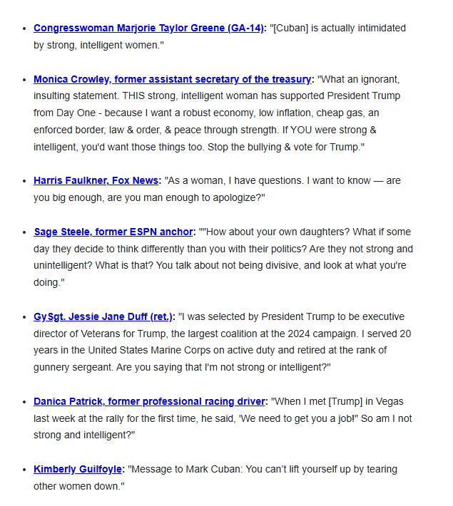 EricLDaugh's tweet image. JUST IN: Trump campaign is out with a list of 33 WOMEN firing back at Mark Cuban, who claimed no "strong, intelligent women" support Trump

Wow... Harris campaign really stepped in it this time.

🔥