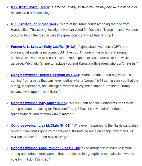 EricLDaugh's tweet image. JUST IN: Trump campaign is out with a list of 33 WOMEN firing back at Mark Cuban, who claimed no "strong, intelligent women" support Trump

Wow... Harris campaign really stepped in it this time.

🔥
