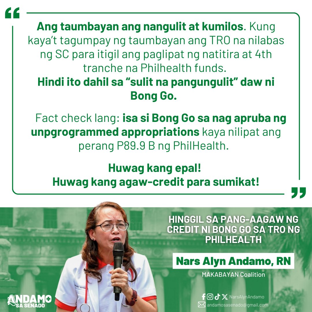 NarsAlynAndamo's tweet photo. TAUMBAYAN ANG NANGULIT AT KUMILOS, HINDI DAHIL SA "SULIT NA PANGUNGULIT" NI BONG GO!

Ang taumbayan ang nangulit at kumilos. Kung kaya’t tagumpay ng taumbayan ang TRO na nilabas ng SC para itigil ang paglipat ng natitira at 4th tranche na Philhealth funds. https://t.co/oTtvcDuJ9y