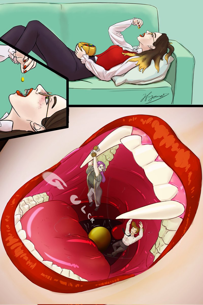 hozomat's tweet photo. Hang onto the fang!
Charlene caught herself two extra candies, shrunken and lively! Why not play with them and put her vampire costume to the test? 🦇 
#vore #giantess #giantessvore https://t.co/cRP1FgeCWb