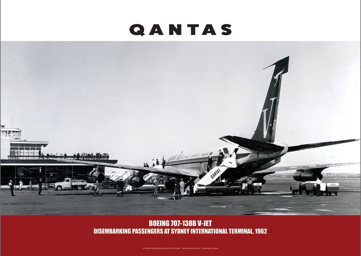 ConistonAir's tweet photo. Quality Art Print of a Qantas Boeing 707-138B V-Jet at Sydney International Terminal 1962. Just one of hundreds of aviation prints you can view at https://t.co/hk4ZEnSvVp https://t.co/vGnxJKb2v1