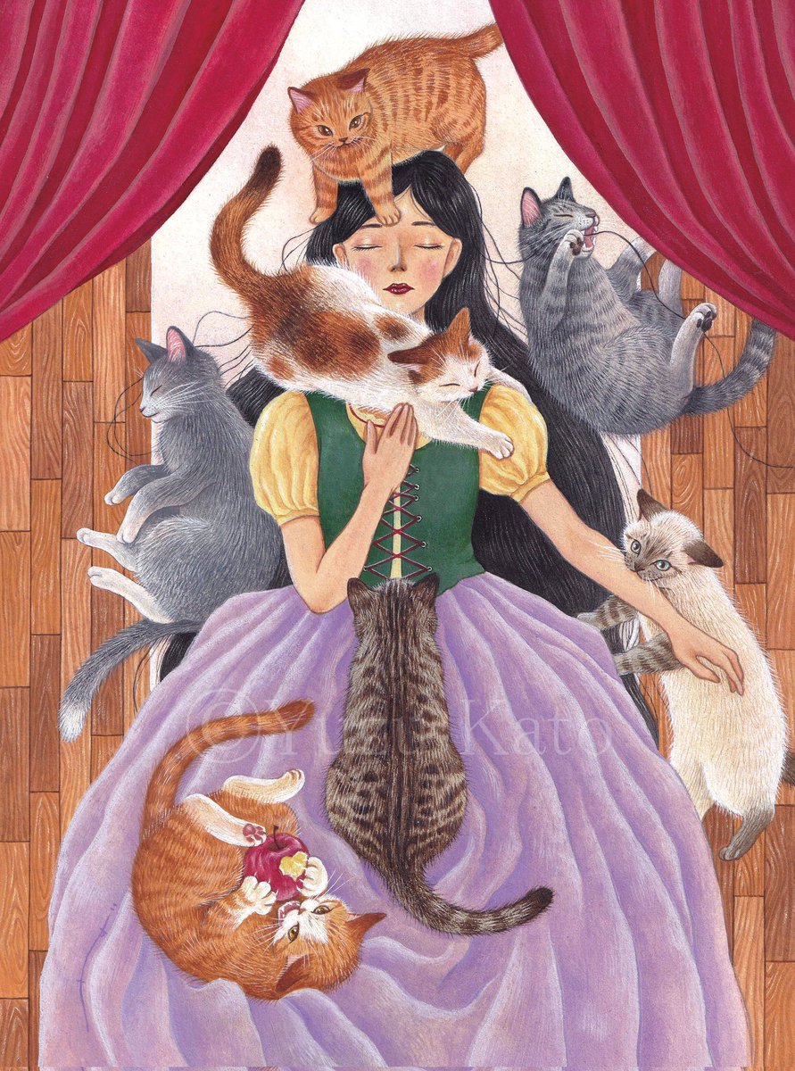 #梅猫WonderLand 会期残り４日です。引き続きよろしくお願い致します！

『起きて白雪姫』和紙/アクリル/水彩

７人の小人が７匹の猫だったら、あらゆる手段を使って全力で起こしにかかってくるんじゃないか、という妄想絵です。うちの猫がどんな手を使っても私を起こすのでその経験から着想してます。
