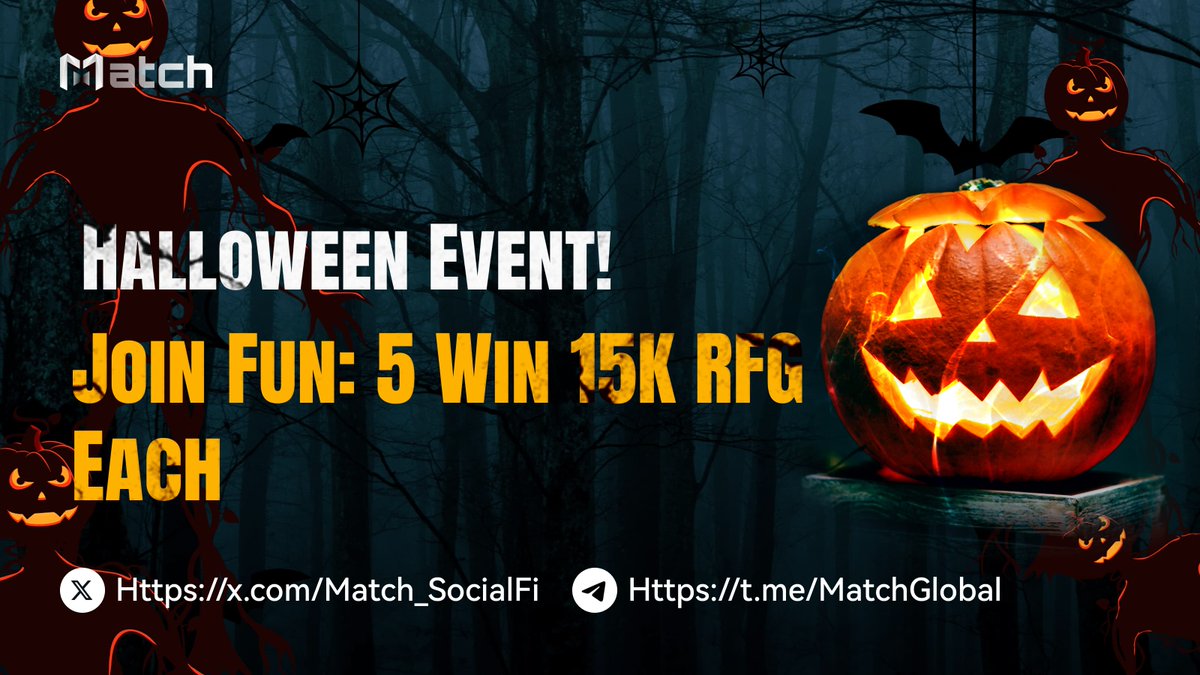 🎃RFG HALLOWEEN GIVEAWAY 🎃

👻 5 lucky winners will each receive 15,000 RFG this Halloween!

🎃 How to Enter:
👍 Like, 🔄 Retweet, ➕ Follow <a href="/Match_SocialFi/">Match</a> 
🧙 Join : t.me/MatchGlobal
📝 Drop your BASE address in the comments

⏳ Ends in 48 Hours! Winners announced