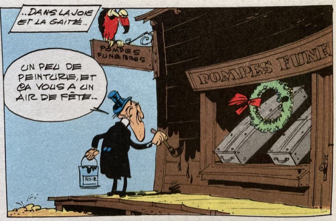 la_case's tweet photo. En ce jour de Toussaint, une pensée pour tous les croque-morts, incontournables personnages des aventures du lonesome cow-boy.
*****************************
Lucky Luke: Les rivaux de Painful Gulch - Morris &amp; Goscinny, 1962.

#Toussaint #1ernovembre https://t.co/xMY9vMagej