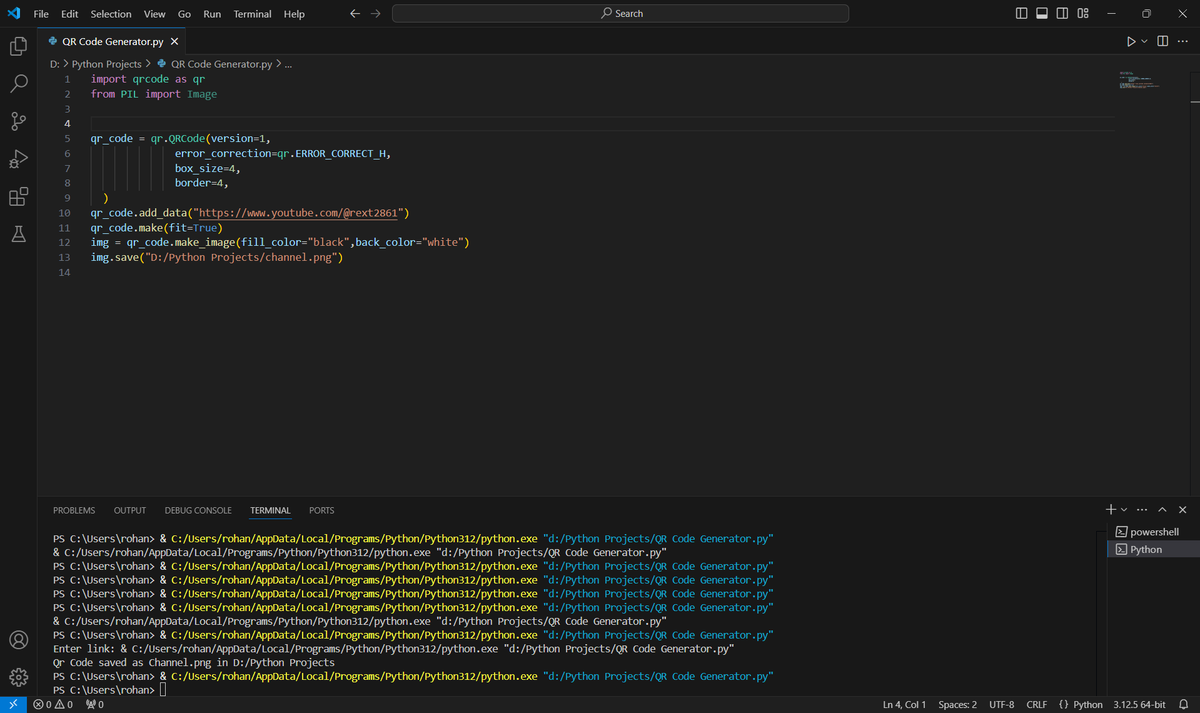 RohanDevZone's tweet image. Hey everyone I have created this very simple QR Code Generator, once ill add a link to the add data function in the parenthesis and execute the file a QR code in png format will be automatically saved in my  given destination.
