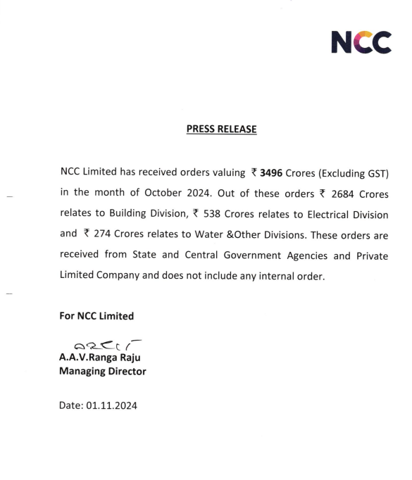 ravibhaumiriya's tweet photo. NCC Limited

#NCC 
#NCCLTD
#nccshare 

NCC Limited has received orders valuing  Rs 3496 Crores (Excluding GST) in October 2024 https://t.co/pqITIja5Af