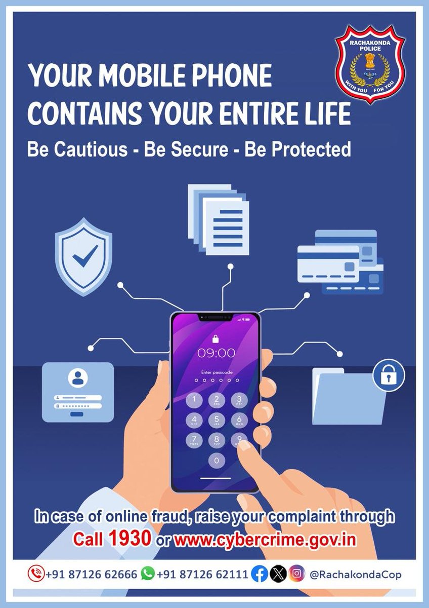 #Rachakonda cyber crimes
📷Be alert!
#Report Cyber crime complaints at  #Dial 1930  #cybercrime at cybercrime.gov.in <a href="/RachakondaCop/">Rachakonda Police</a> 
Our Official Pages links  : 
Face book : facebook.com/cybercell.rach….
You tube : youtube.com/@CyberCrimeRac…
Instagram : instagram.com/cybercrime_rac…