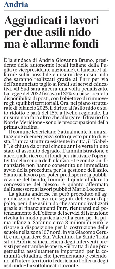 Si lavora per costruire i nuovi nidi, specie al Sud.
Ma con il taglio previsto nelle risorse per gestirli c’è il rischio che rimangano chiusi