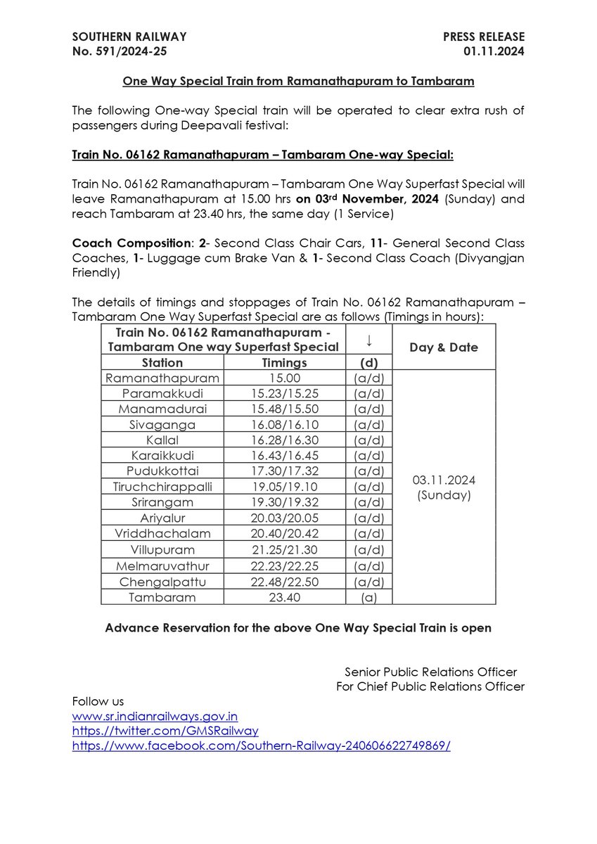 🚨Attention passengers!!!🚆

Train No. 06162 Ramanathapuram - Tambaram One way Special train will be operated to clear extra rush of passengers during #Diwali festival on 03rd November, 2024.

Advance Reservation for the One Way Special Train is open.

#SouthernRailway