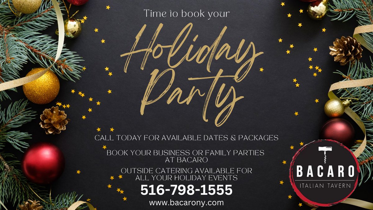 Time to book your #Holiday Party at Bacaro! #Christmas2024 #Hanukkah #celebrate #ItalianFood #LongIsland #MassapequaPark #catering