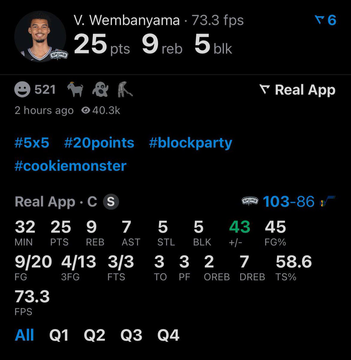 TeCuentoNBA's tweet photo. 👨‍👦‍👦 VICTOR WEMBANYAMA ESTA NOCHE: 

25 PUNTOS
9 REBOTES
7 ASISTENCIAS
5 ROBOS
5 TAPONES

👀 Jugadores con más 5x5 en la historia de la NBA:

Hakeem Olajuwon - 6
Andrei Kirilenko - 3 
Wemby - 2 https://t.co/g3b4uwN8Ca