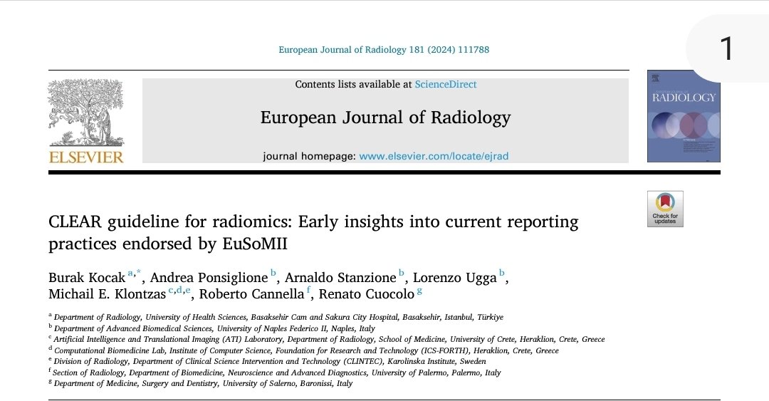 Roberto Cannella (@cannella_rob) on Twitter photo New study with early insights of CLEAR in <a href="/EJR_official_/">EJR_official</a>
📌Self-reported checklists were included in more than half of the papers adopting CLEAR.
📌Self-reported study-wise adherence score was significantly higher than confirmed score, indicating inaccurate reporting practices. New study with early insights of CLEAR in <a href="/EJR_official_/">EJR_official</a>
📌Self-reported checklists were included in more than half of the papers adopting CLEAR.
📌Self-reported study-wise adherence score was significantly higher than confirmed score, indicating inaccurate reporting practices.