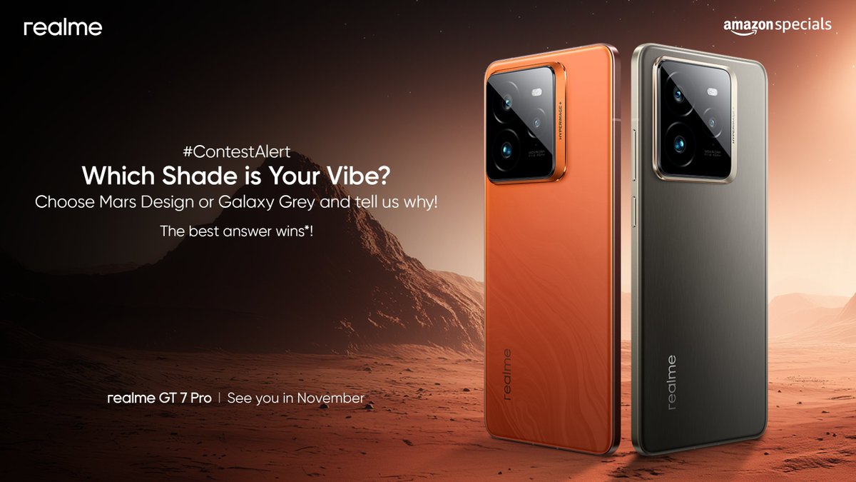 realmeIndia's tweet photo. #ContestAlert

Which would you choose—the striking Mars Design or the elegant Galaxy Grey? Tell us your pick and why in the comments below with #GT7ProFirst8EliteFlagship &amp; win* #realmeGT7Pro

Know more:
https://t.co/08Jsd3sDsa
https://t.co/eWfJzOnVXd

#DarkHorseofAI #amazonIndia https://t.co/yv6oBYnT2b