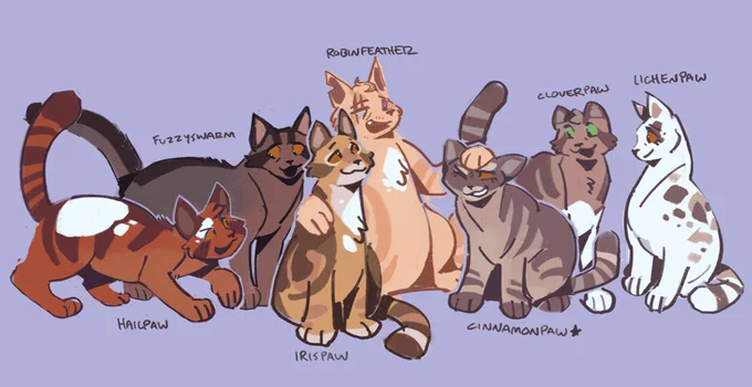 protag and her parents and siblings from my clangen/lifegen playthrough! cinnamonpaw is a meddling and manipulative apprentice mediator with a soft spot for her family #warriorcats 