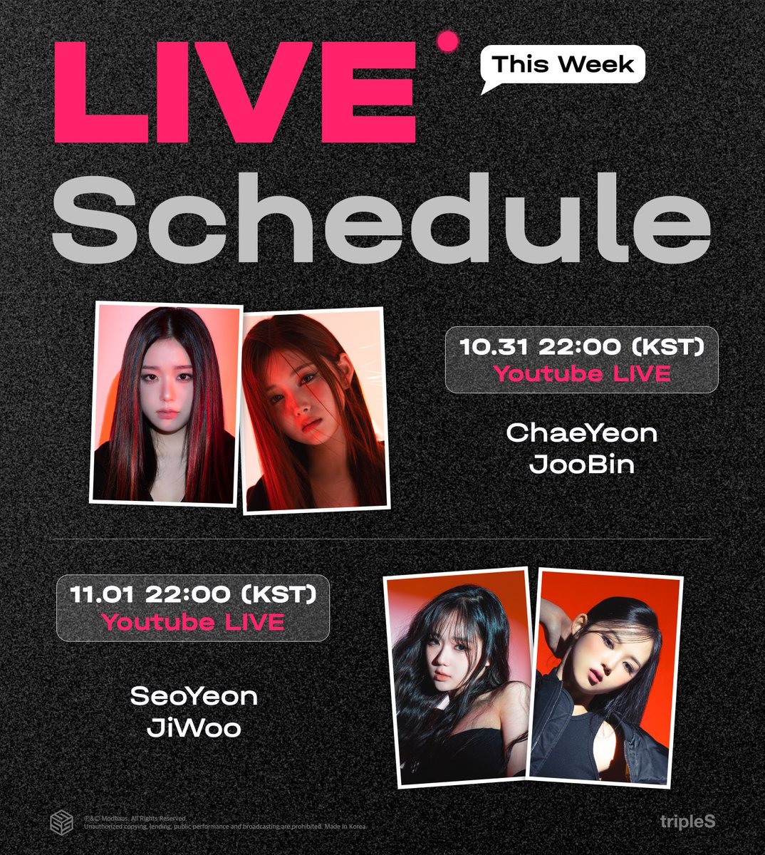 ตารางงาน tripleS ประจำวันที่ 1 พฤศจิกายน 2567
 
📍15:05 น. Music Bank ทางช่อง KBS (tripleS VV)

📍18:00 น. WITHMUU tripleS Visionary Vision <Performancete> (QR VER) Fan sign &amp; Video call (tripleS VV)

📍20:00 น. Youtube Live (ซอยอน จีอู)

#ตารางงานสามเอส #트리플에스 #tripleS