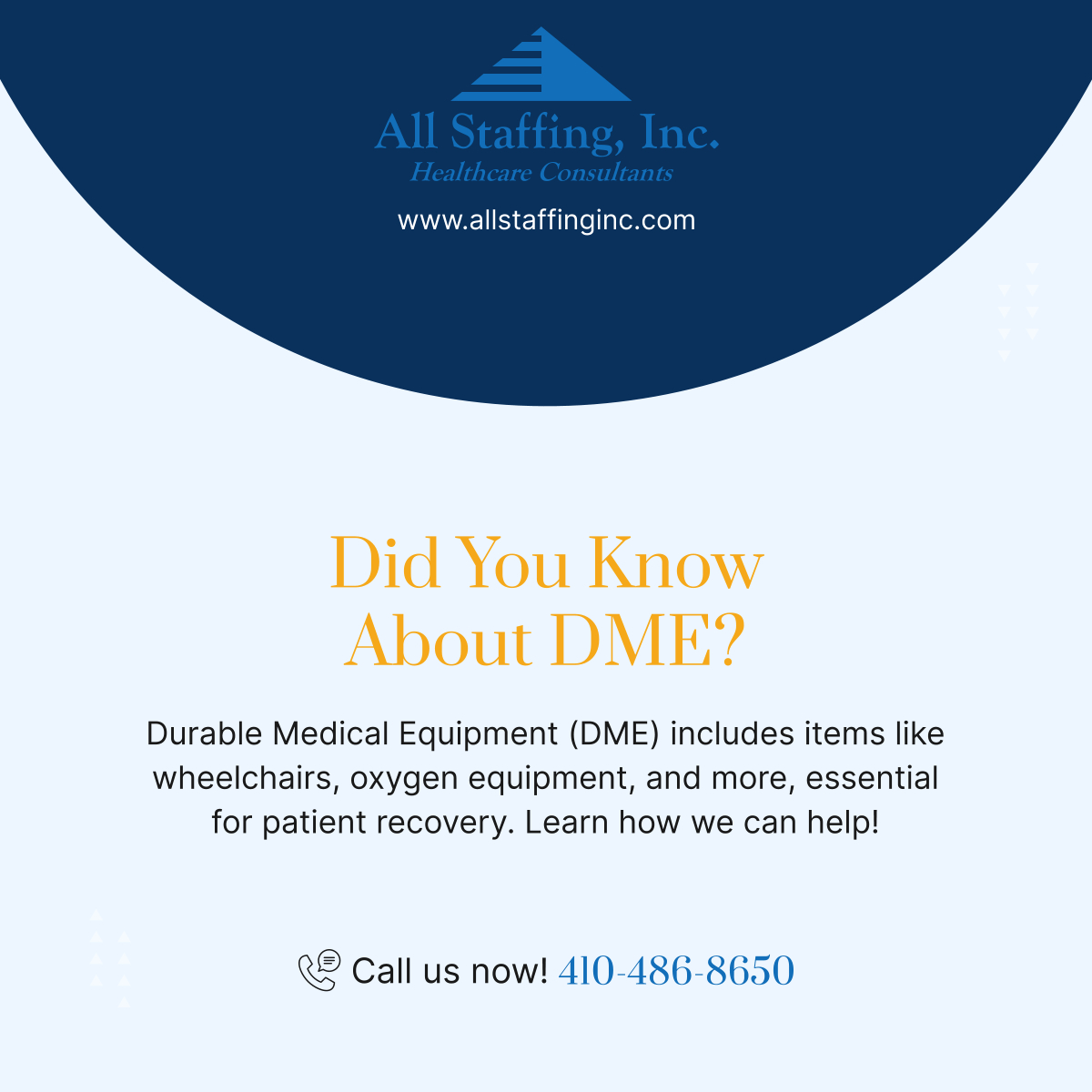 AllStaffingInc's tweet image. Durable Medical Equipment is crucial for recovery at home. All Staffing, Inc. offers affordable, high-quality DME solutions to meet your needs! 

#PatientRecovery #RecoveryAtHome #DurableMedicalEquipment
