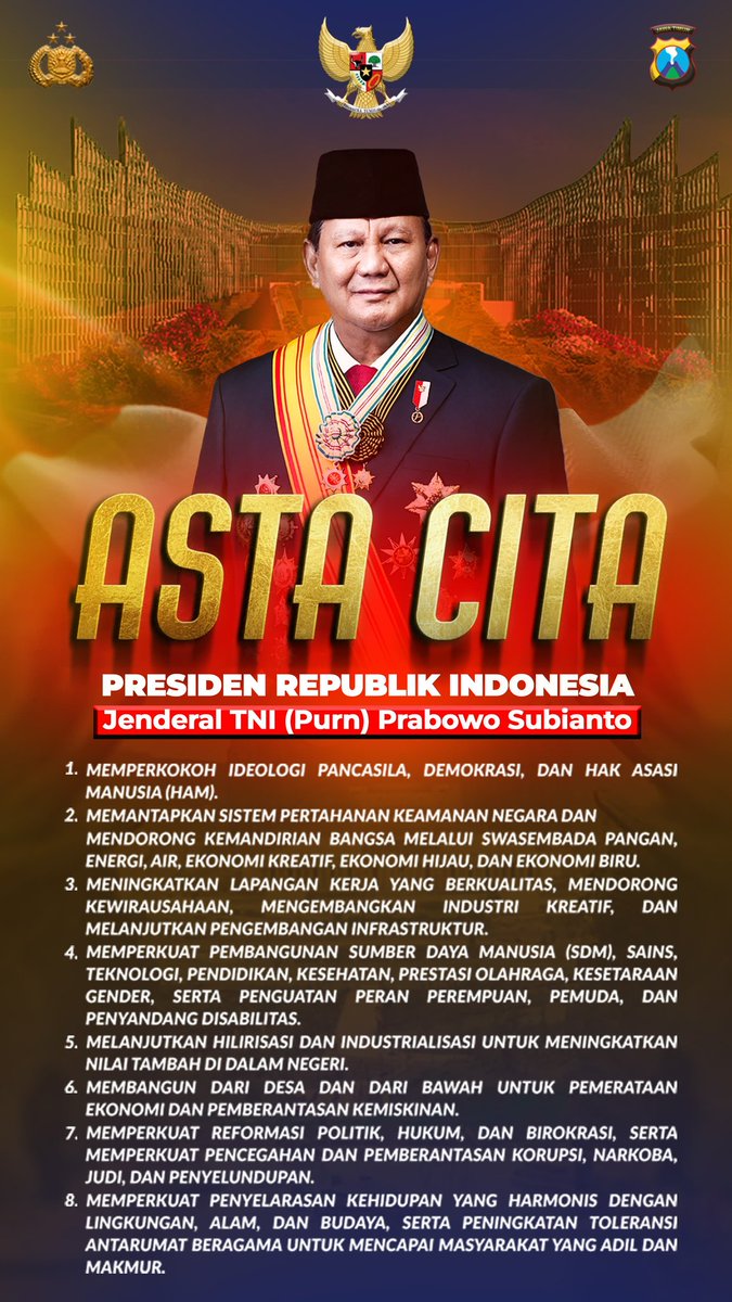 bidhumas_jatim's tweet image. Asta Cita Presiden Republik Indonesia Jenderal TNI (Purn) Prabowo Subianto 

@DivHumas_Polri

#ProgramNasional #ProgramUnggulPrabowo
#PoldaJatim
#Multimedia #polri