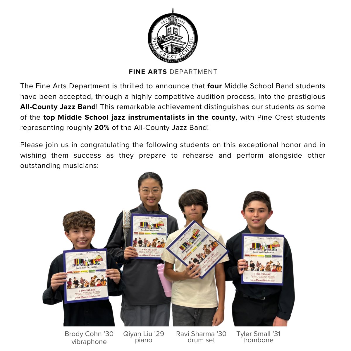 PineCrestArts's tweet image. Four #PCJazzBand students were accepted into Palm Beach County’s All-County Jazz Band! Click the image to read more about this outstanding achievement! #PCBand #PCFineArts
