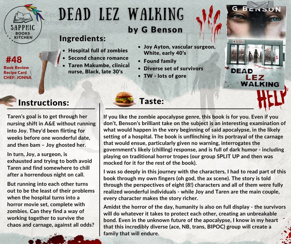 JH_Reads's tweet photo. Candy, costumes, and zombies, oh my!  For Halloween, I reviewed Dead Lez Walking by G Benson for @books_kitchen.  It’s terrifying, bloody, darkly humorous, and somehow also hopeful. A perfect Halloween read. https://t.co/8z8EP5v8eV