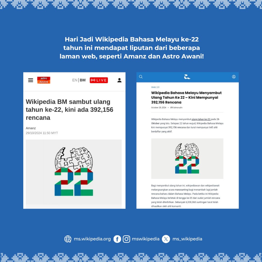 Wikimedia Malaysia on X: The Malay Wikipedias anniversary this year  received coverage from several websites, such as Amanz and Astro Awani! 😍  Happy Birthday, Malay Wikipedia.  X