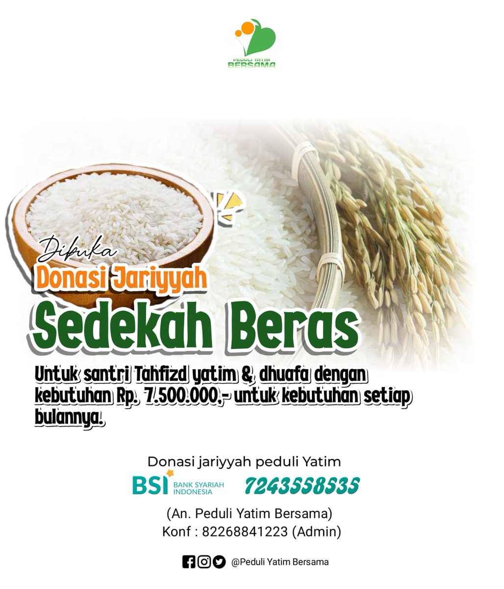 Masya Allah
Semoga di setiap butir berasnya mengalirkan keberkahan 🤲

Yuk ikutan program sedekah beras untuk santri tahfidz yatim dhuafa
😊🙏🏻
<a href="/PeduliYatimBrsm/">Peduli Yatim Bersama</a> 
#JumatBerkah