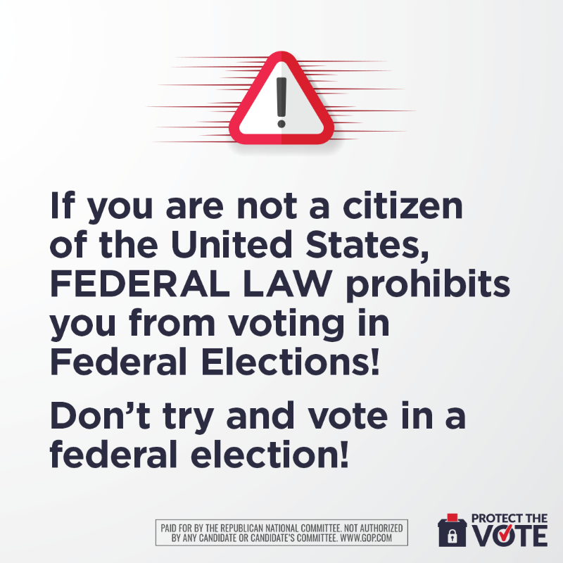Republicans's tweet photo. 🚨Learn the Voting Laws🚨
If you are NOT a citizen of the United States, it is against the law to vote in Federal Elections.