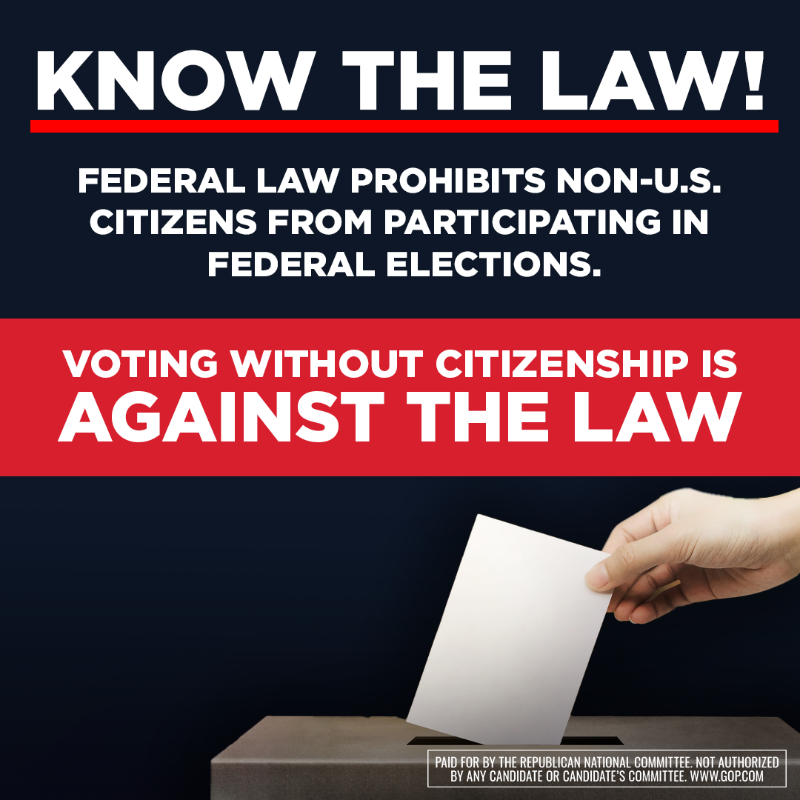 Republicans's tweet photo. DID YOU KNOW?
Federal Law prohibits Non-U.S. Citizens from participating in Federal Elections.
Don't try - it is against the law!