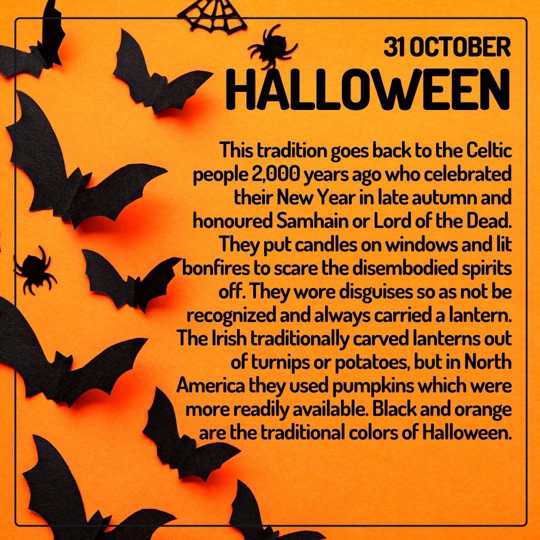 MultiCalendar's tweet photo. Halloween can be traced to the ancient festival of Samhain. It was a Celtic holiday celebrated on Nov. 1 where the souls of the dead returned to their homes. To ward off spirits, people dressed in costumes and lit bonfires. 
Learn more at https://t.co/Npow06QWpK
#diversity https://t.co/aBmlZ4mE74