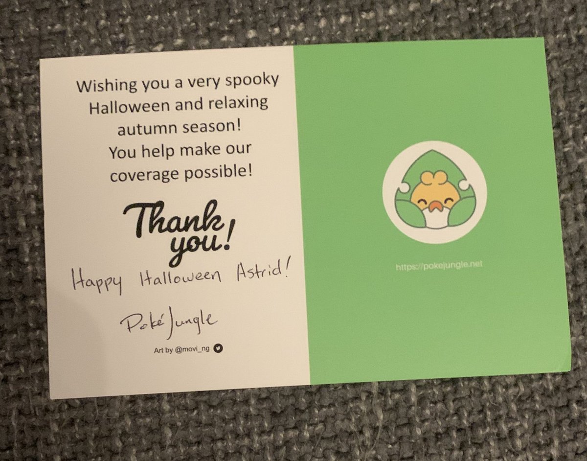 Astralflight25's tweet photo. Thank you @pokejungle for the fantastic Halloween card! The art is amazing and the message was lovely!

Thank you for all the work you put into PokeJungle, the Pokemon community wouldn’t be the same without you! 💚

(I also adore the Sewaddle sticker on the
 envelope! 🥹) https://t.co/7bhLQbJHZP