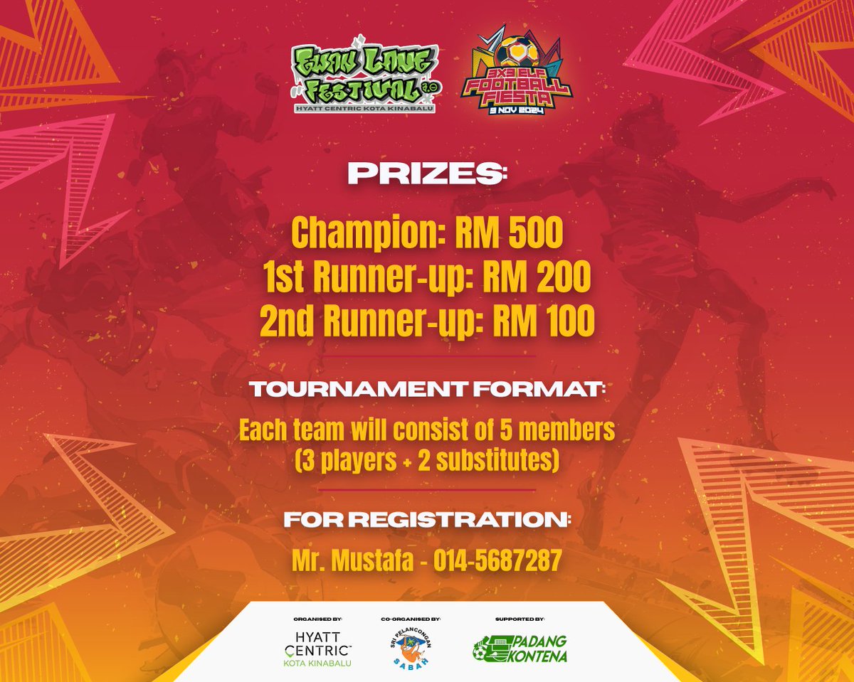hellosabahmy's tweet photo. ⚽️Calling All Football Fans! 🌟

Get ready for the 3x3 ELF Football Fiesta at the Ewan Lane Festival on 9th November! Join us for an action-packed day of football, where you can score goals and compete for exciting cash prizes! 🏆

📞Registration: 014-5687287 (Mr. Mustafa) https://t.co/YXW0UVmXGB
