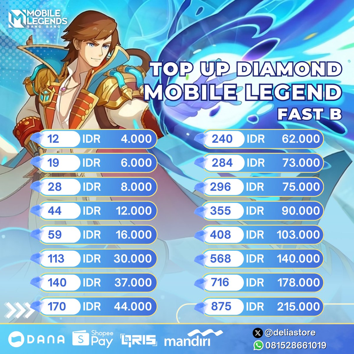 ⠀
⠀   ﹒˚ ₊ ︵﹒◌ ୨ ︵︵ ୧ ◌﹒︵ ₊ ˚﹒
⠀ menyediakan kebutuhan top up
⠀ mobile legend. dapatkan di sini⭑

⠀ ᯽  𝗏𝗂𝖺 𝖨𝖣 𝗌𝖾𝗋𝗏𝖾𝗋
⠀ ᯽  𝗉𝗋𝗈𝗌𝖾𝗌 1-15 𝗆𝖾𝗇𝗂𝗍
⠀ ᯽  1𝖮𝖮% 𝗍𝗋𝗎𝗌𝗍𝖾𝖽 &amp; 𝗅𝖾𝗀𝖺𝗅

⠀ ☎️ s.id/delia-wa
⠀⠀