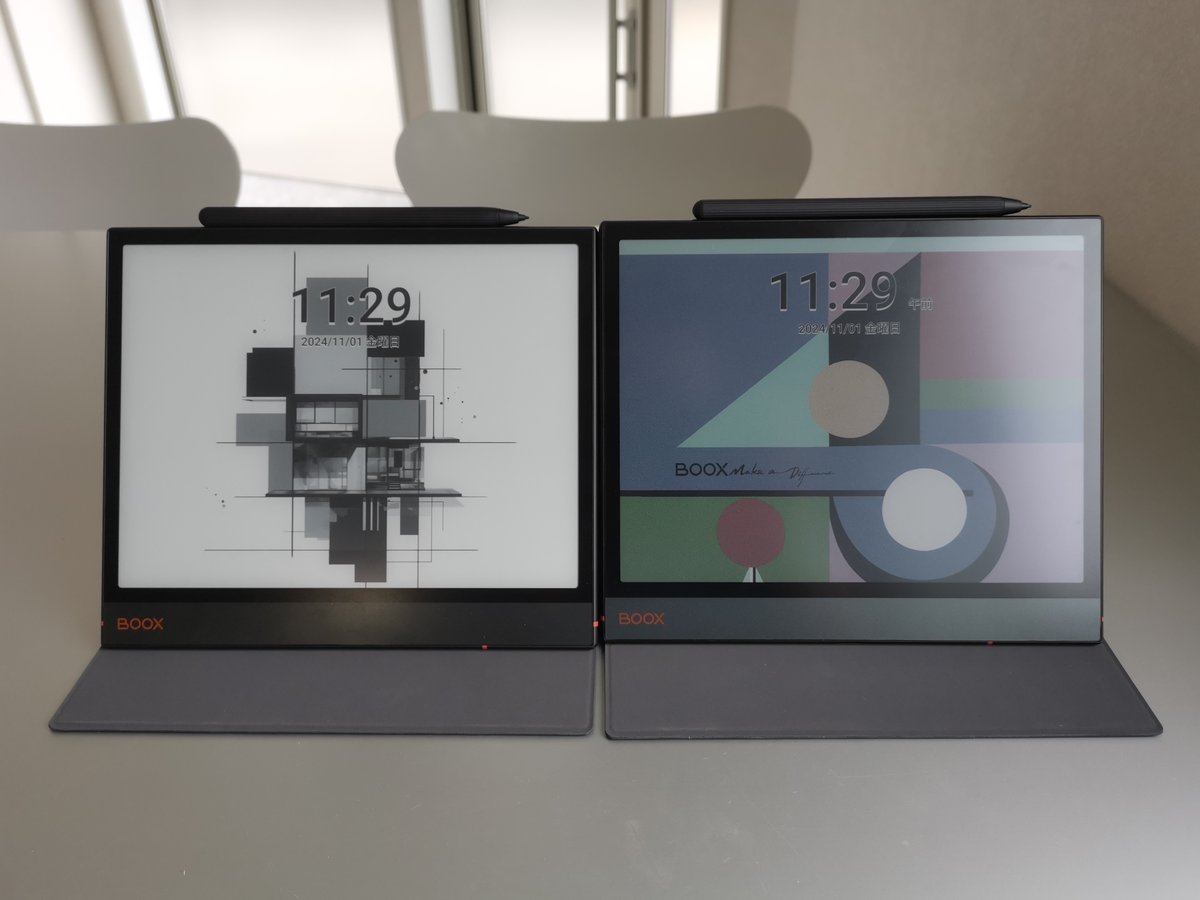 sktnetshop's tweet photo. #NoteAir3C と #NoteAir3 の機種比較第2弾となります。初期化後、スリープモードのカレンダー表示(1分更新)、シャットダウンオフ、Wifi接続で比べます。スタートの充電量は共に92%、11月1日11時30分からスタートしました。#電子ペーパー https://t.co/HuGNW84Mnu