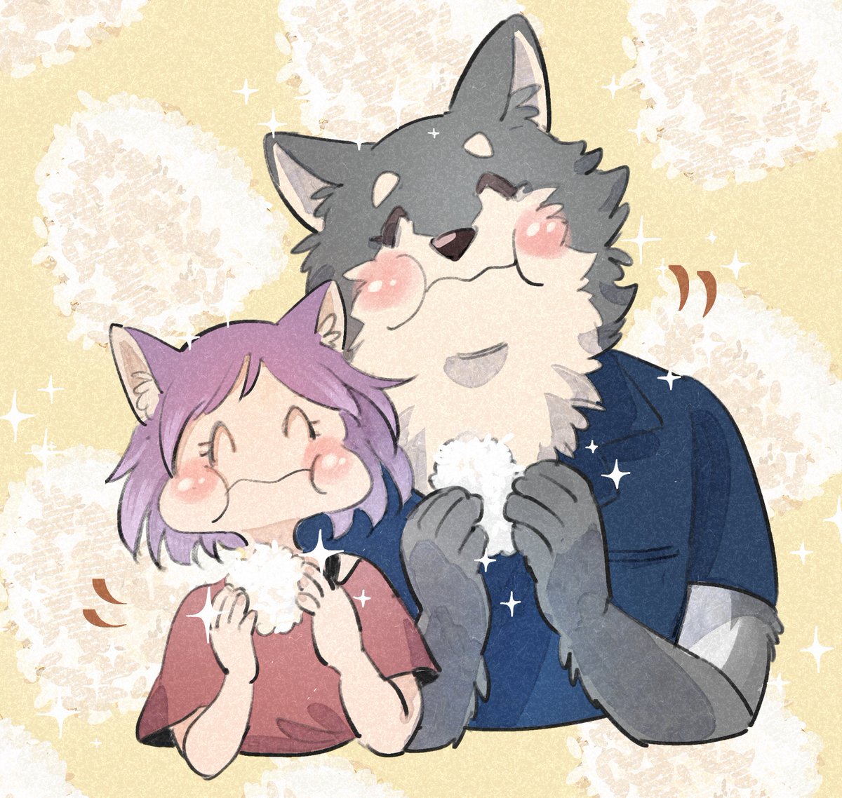 Skebにて、み～さん(@miiz04 )に「ケモ耳少女の幸せごはん」のキャラを描いて頂きました🐺🍙

仲良くおにぎりほおばってなんて幸せ空間なの⁉
かわいい!かわいい!!

み～さん ありがとうございました😊

https://t.co/TBtRBFBWmE #skeb 