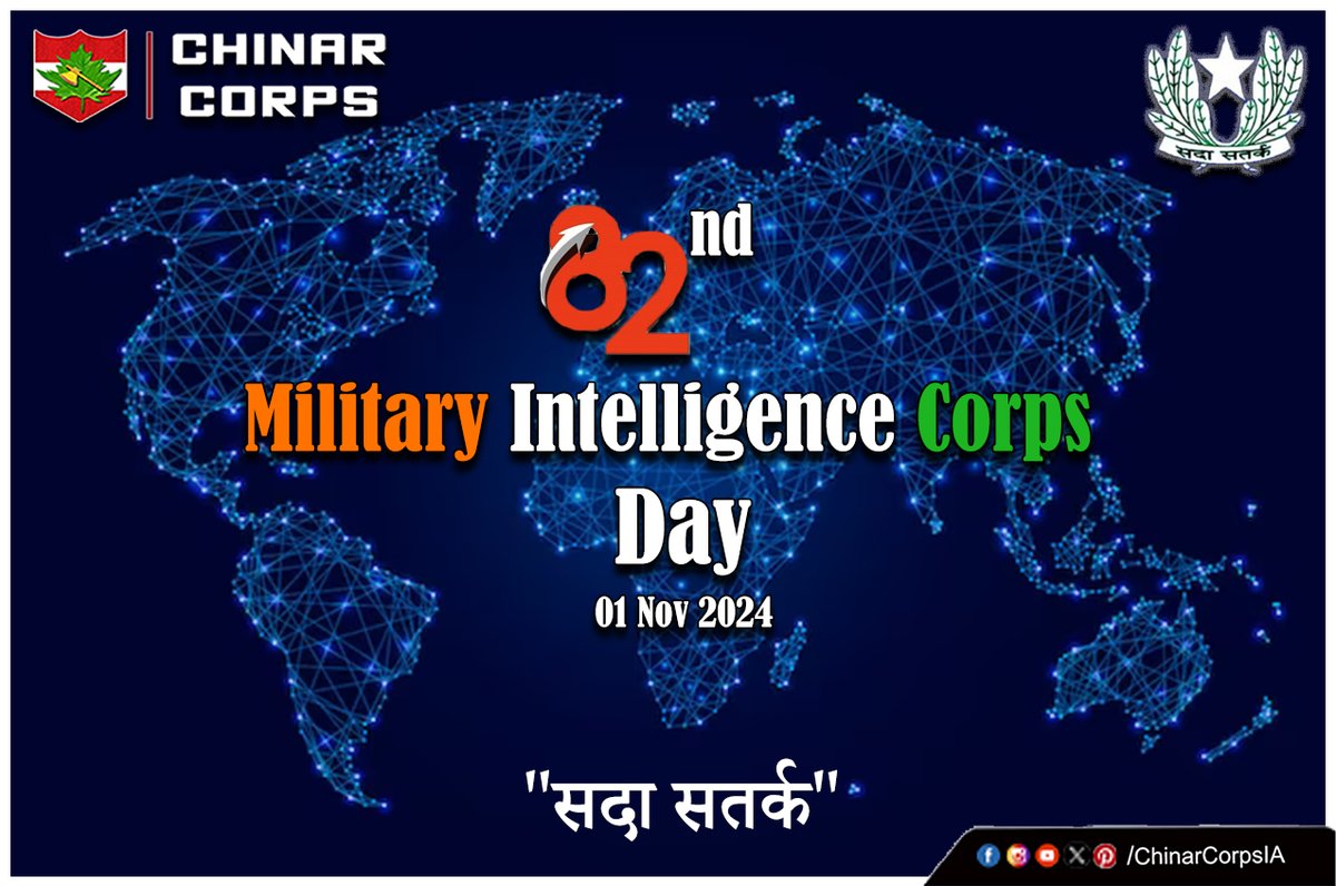 ChinarcorpsIA's tweet photo. “सदा सतर्क”
#ChinarCorps extends heartfelt greetings to all Ranks, Veterans and Families of the Military Intelligence Corps on the occasion of their 82nd Corps Day.
#Kashmir
@adgpi
@NorthernComd_IA