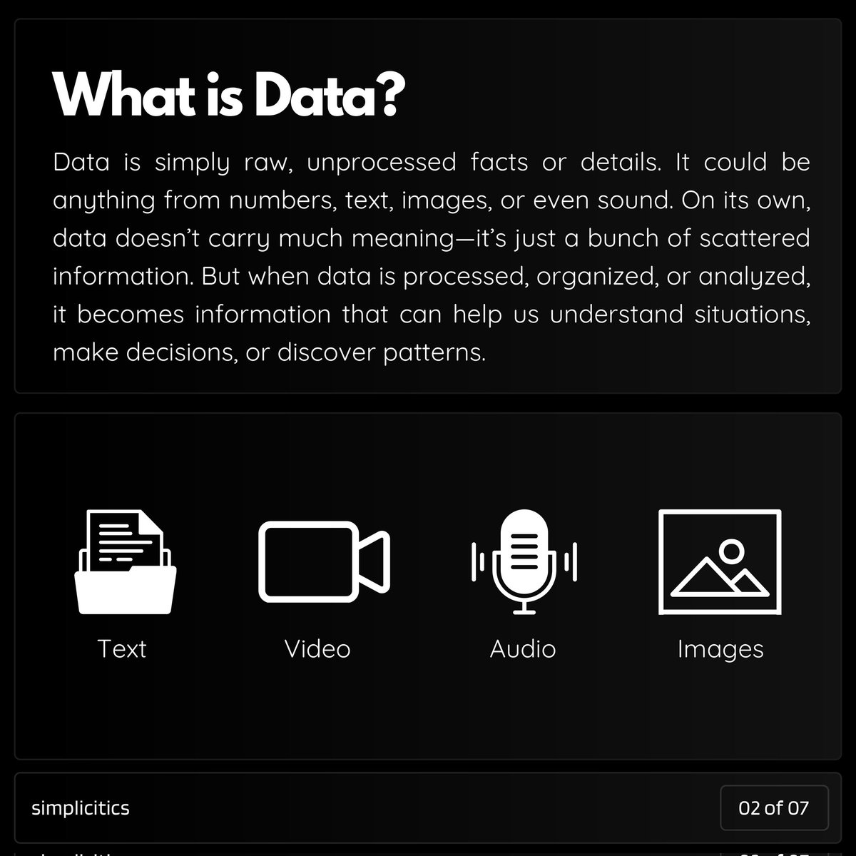 Prathamd02's tweet photo. Data is like a hidden treasure—if you know how to find and use it! 💡
In today’s world, data is more than just numbers; it’s the key to new ideas and smart decisions. 
Whether it's organized or messy, big or small, understanding how to use data helps solve real-life problems. https://t.co/aG4gnDtwAV