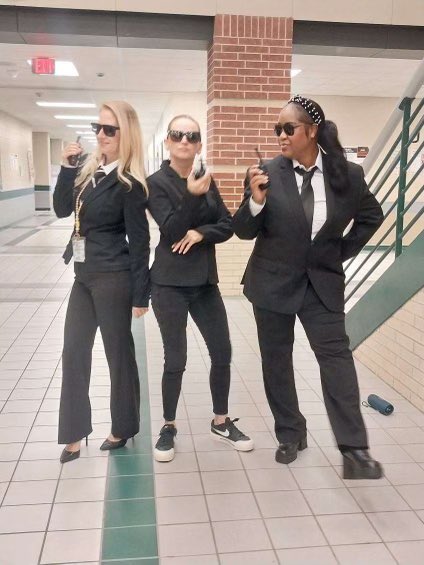 Well we understood the assignment!!! 

Agent Cross, Agent Meldahl, and Agent Williams helped protect the local junior high from aliens today 👽🛸Our students loved the “Women in Black!!!” We played our anthem the entire day while keeping everyone safe!!!
<a href="/CardiffColts/">Cardiff Junior High</a> 
<a href="/katyisd/">Katy ISD</a>