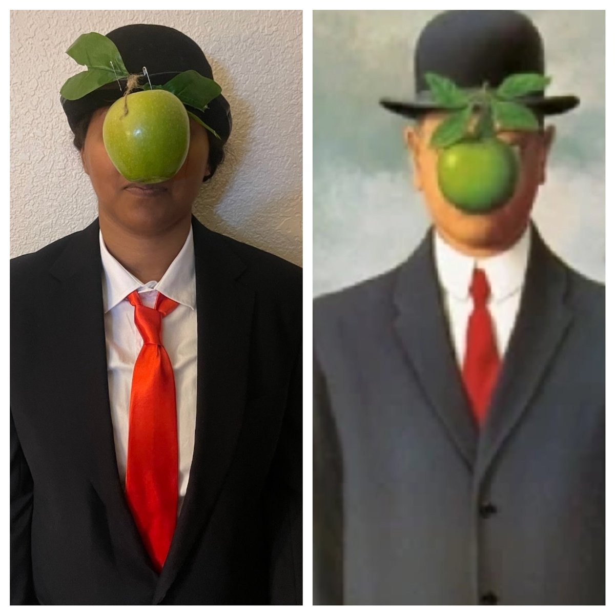 So this year's Halloween costume is kinda nerdy.  I wanted to be a painting 🖼 ❤️  — Son of Man (1964) by Belgian surrealist artist René Magritte. 

Also, um walking around wearing a Granny Smith apple in front of your face is not for the faint of heart. 😄