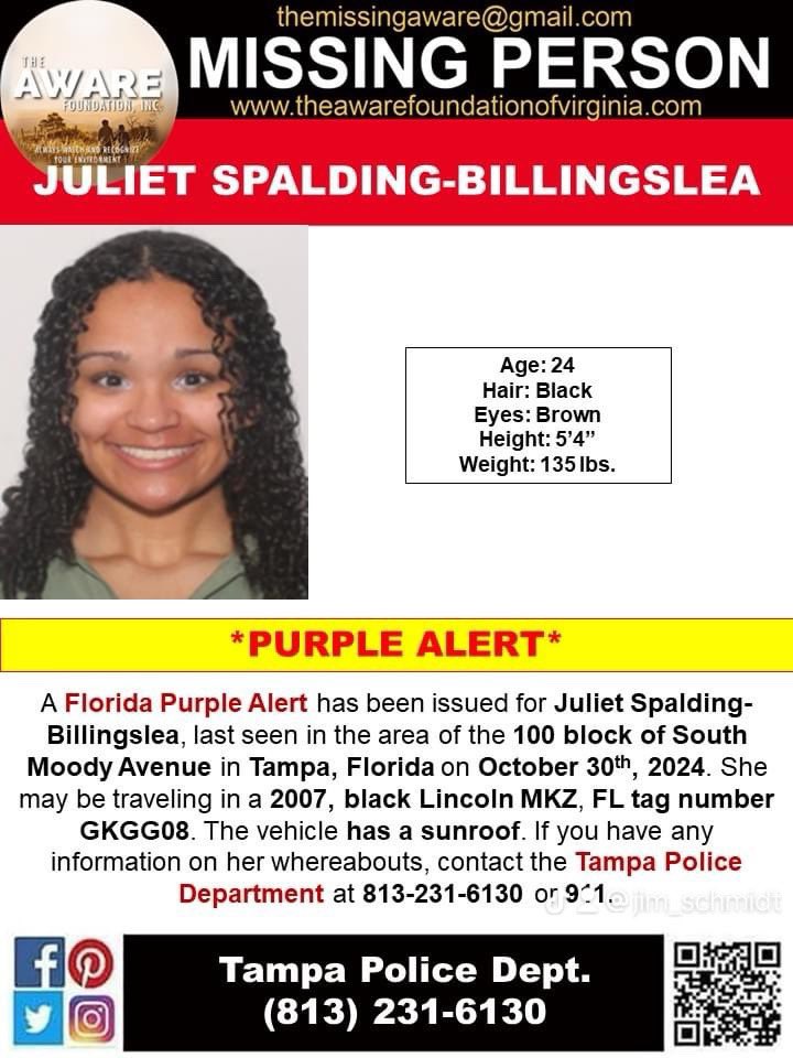 ***PURPLE ALERT*** TAMPA, FL
A Florida Purple Alert has been issued for Juliet Spalding-Billingslea, last seen in the area of the 100 block of South Moody Avenue in Tampa, Florida on October 30th, 2024. #MissingInFlorida #tampaflorida #PurpleAlert #TheAWAREFoundation